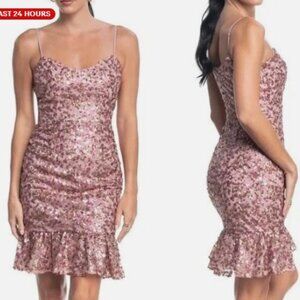 *NWT*DRESS THE POPULATION Kaya Fluttery Hem Sequin Mini Dress Blush Pink, Small